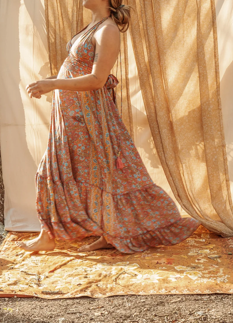 Hippie Boho Maxi Silk Dress, Bohemian Long Back Bow Dress Creative Women of the World Hippie Boho Maxi Silk Dress, Bohemian Long Back Bow Dress Creative Women of the World