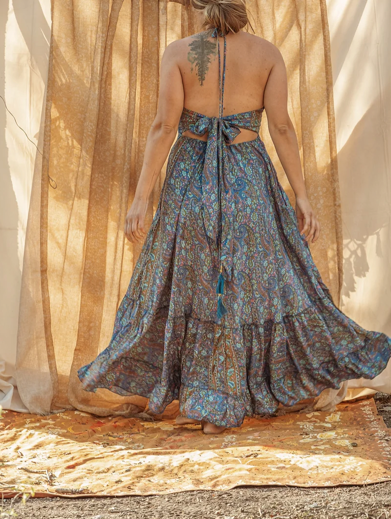 Hippie Boho Maxi Silk Dress, Bohemian Long Back Bow Dress  Creative Women  of the World