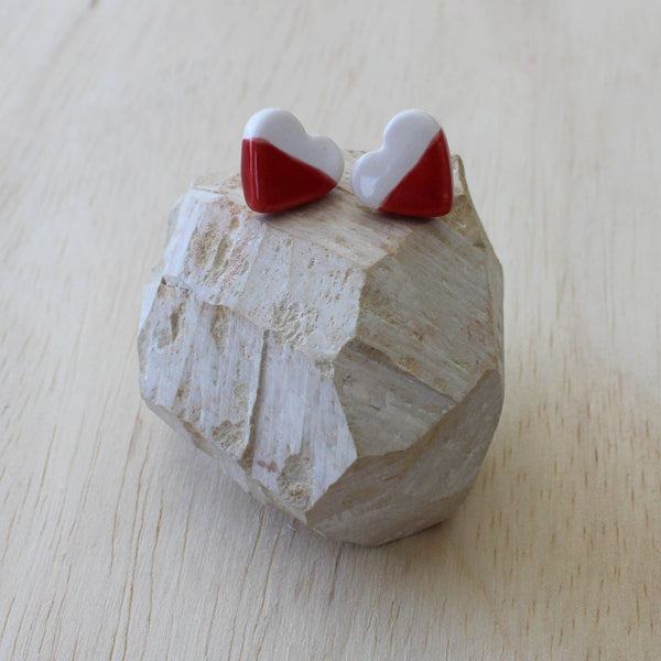 White and Red Stud Earrings, Small Heart