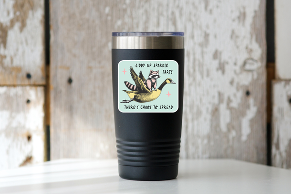 Giddy Up Sparkle Farts Sticker - raccoon, goose, funny, cute