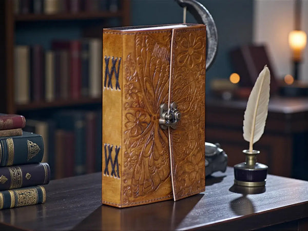Handmade Leather Journal with Lock | Butterfly Embossed