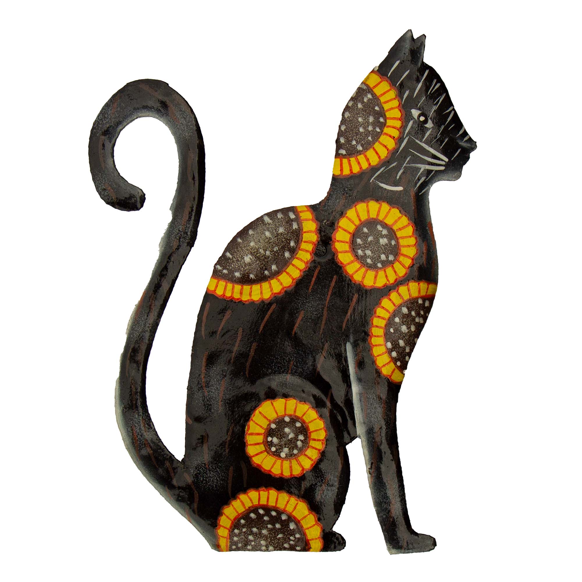 Sitting Kitty Painted Sunflowers Haitian Steel Drum Wall Art