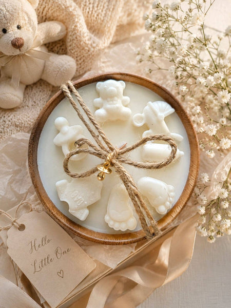 Baby Shower Soy Candle in Wooden Bowl – New Baby Gift Candle