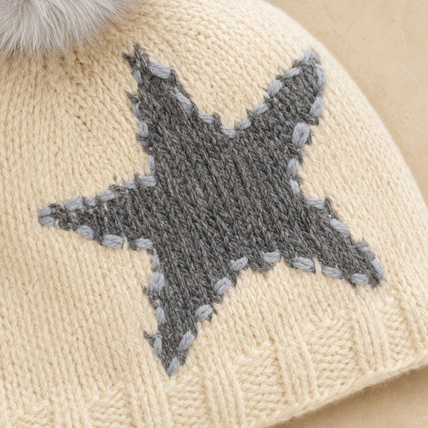 Star Embroidered Knit Pom Beanie - Ecru