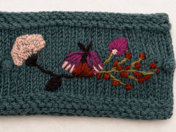 Floral Embroidered Knit Headband - Blue Sage