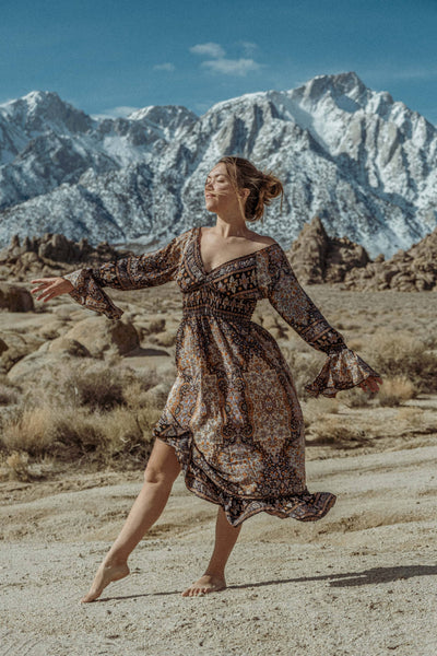 Whimsigoth Bohemian Midi Dress, Bell Sleeve Dress