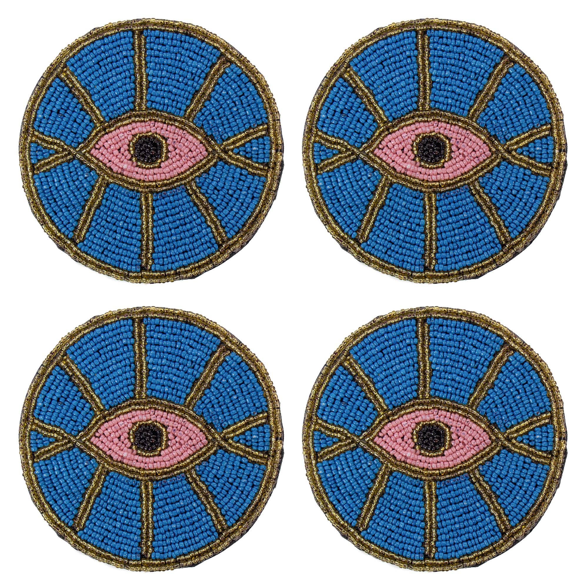 Blue Evil Eye Beaded Coasters, Set of 4