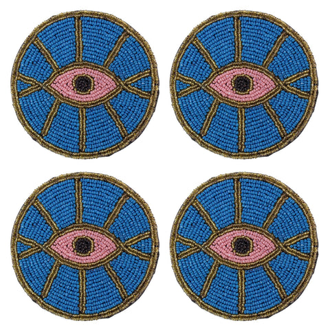 Blue Evil Eye Beaded Coasters, Set of 4