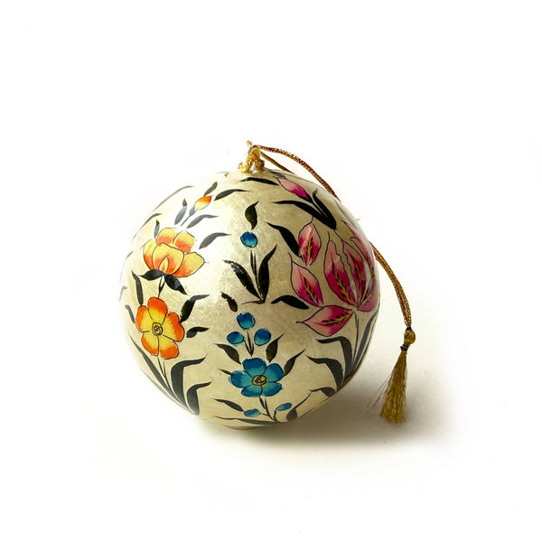 Light Gold Floral Paper Mache Ball Christmas Ornament