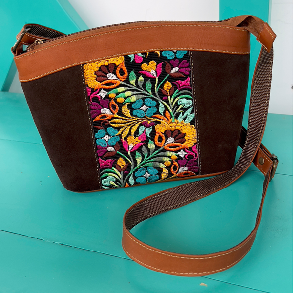 Suede & Leather Floral Shoulder Bag| Colorful Real Suede Bag