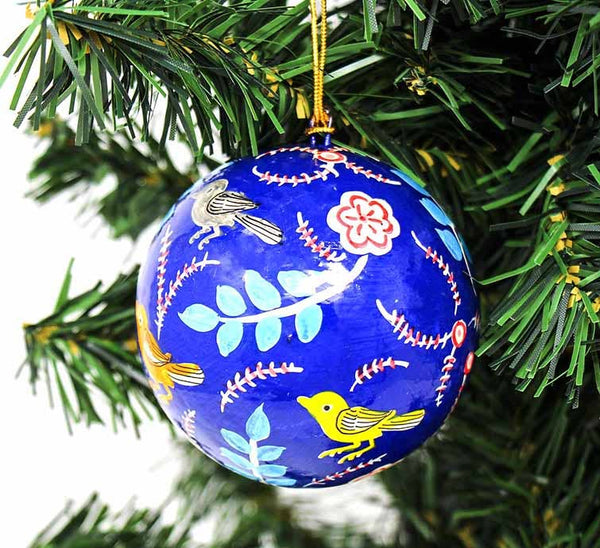 Handpainted Ornament Birds and Flowers, Blue