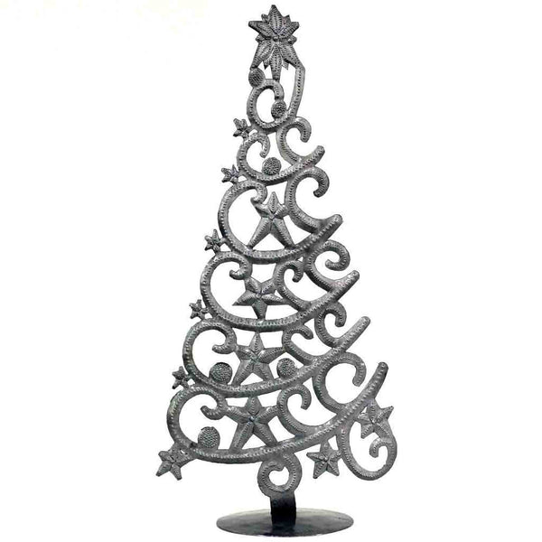 14" Tall  Tree With Stars Haitian Drum Metal Tabletop Decor