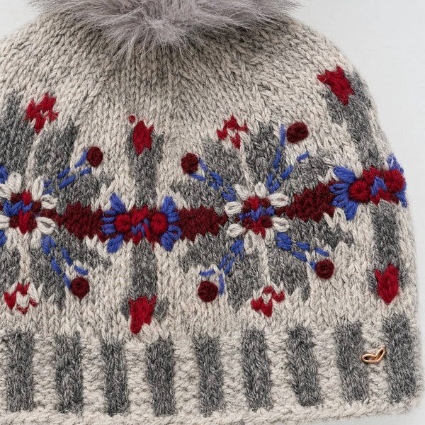 Fair Isle Snowflake Embroidered Knit Pom Beanie - Gray