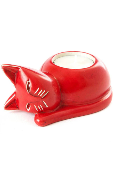 Red Soapstone Cozy Cat Tea Light Candle Holder