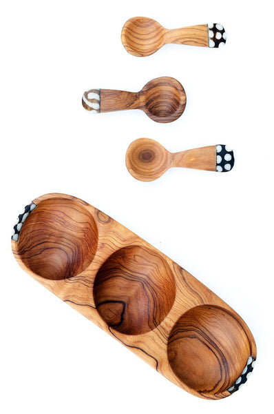 Triple Wild Olive Wood and Batik Bone Spice Bowl with Spoons