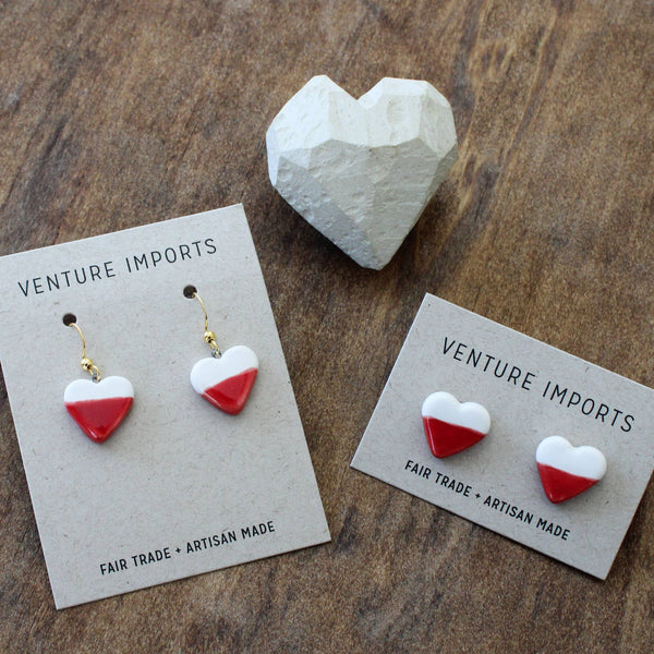 White and Red Stud Earrings, Small Heart