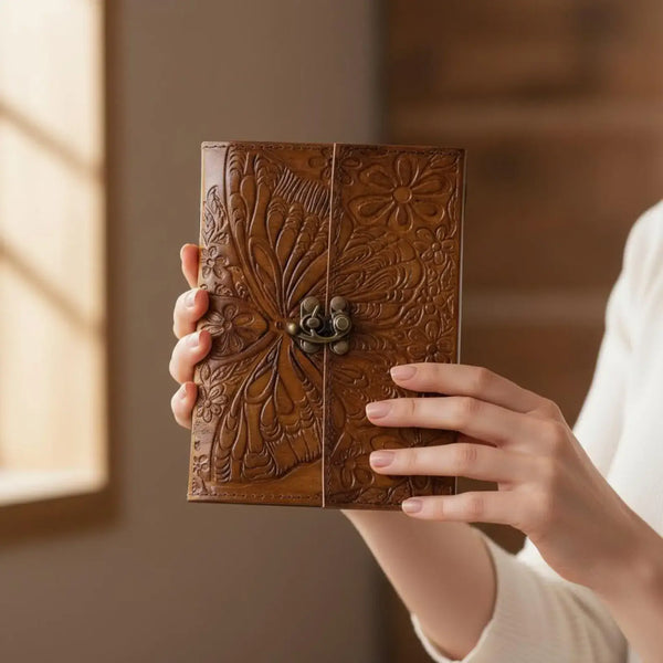 Handmade Leather Journal with Lock | Butterfly Embossed