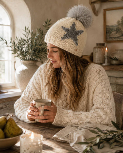 Star Embroidered Knit Pom Beanie - Ecru