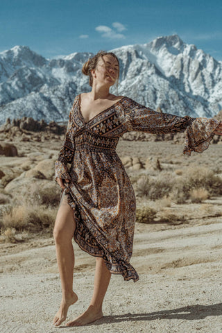 Whimsigoth Bohemian Midi Dress, Bell Sleeve Dress