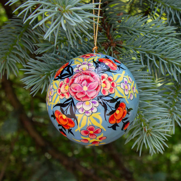 Handpainted Ornament Periwinkle with Pink Peony Flowers
