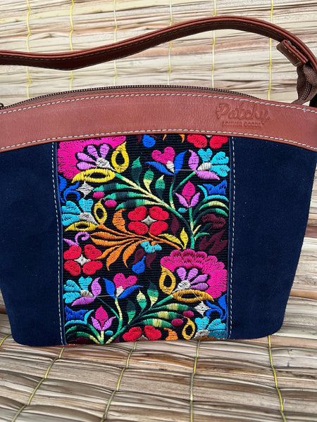 Suede & Leather Floral Shoulder Bag| Colorful Real Suede Bag