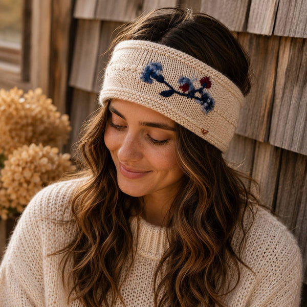 Floral Embroidered Knit Headband - Ecru