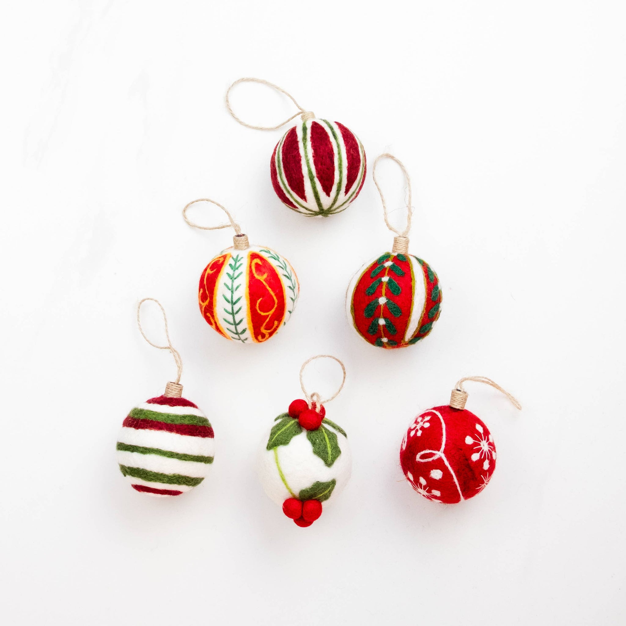 Holiday Felt Ball Ornament Hand Embroidered Red Assorted