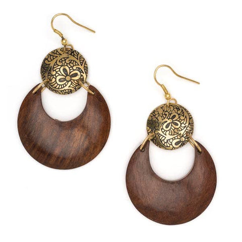 Earth and Fire Moon Drop Earrings - Wood, Etched Brass