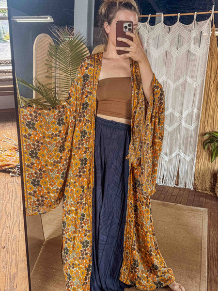 BOHO Silk Bell Sleeve Long Maxi Kimono Duster Cardigan