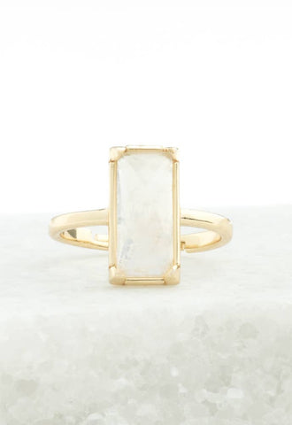 Moonlit Grace Ring in Gold & Moonstone- Rectangular Statement Ring Adjustable