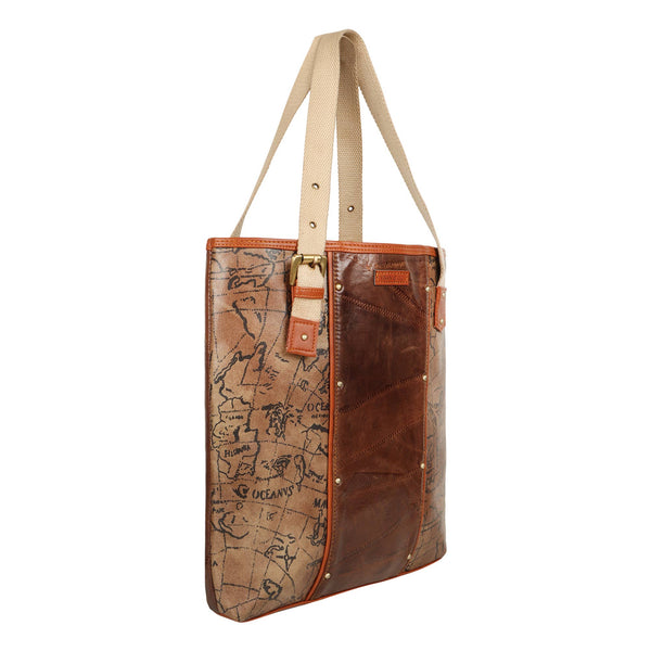 Mia Square Leather Tote Bag - Map Print