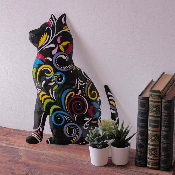 Thoughtful Kitty Painted Haitian Steel Drum Wall Art, 14.5"