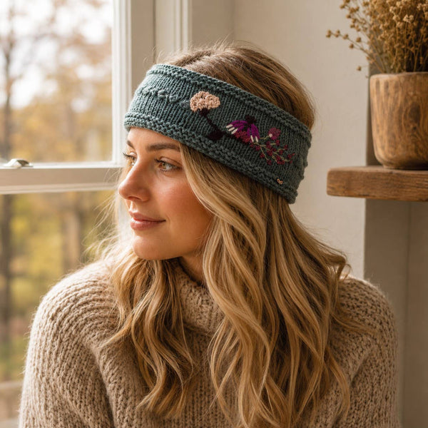 Floral Embroidered Knit Headband - Blue Sage