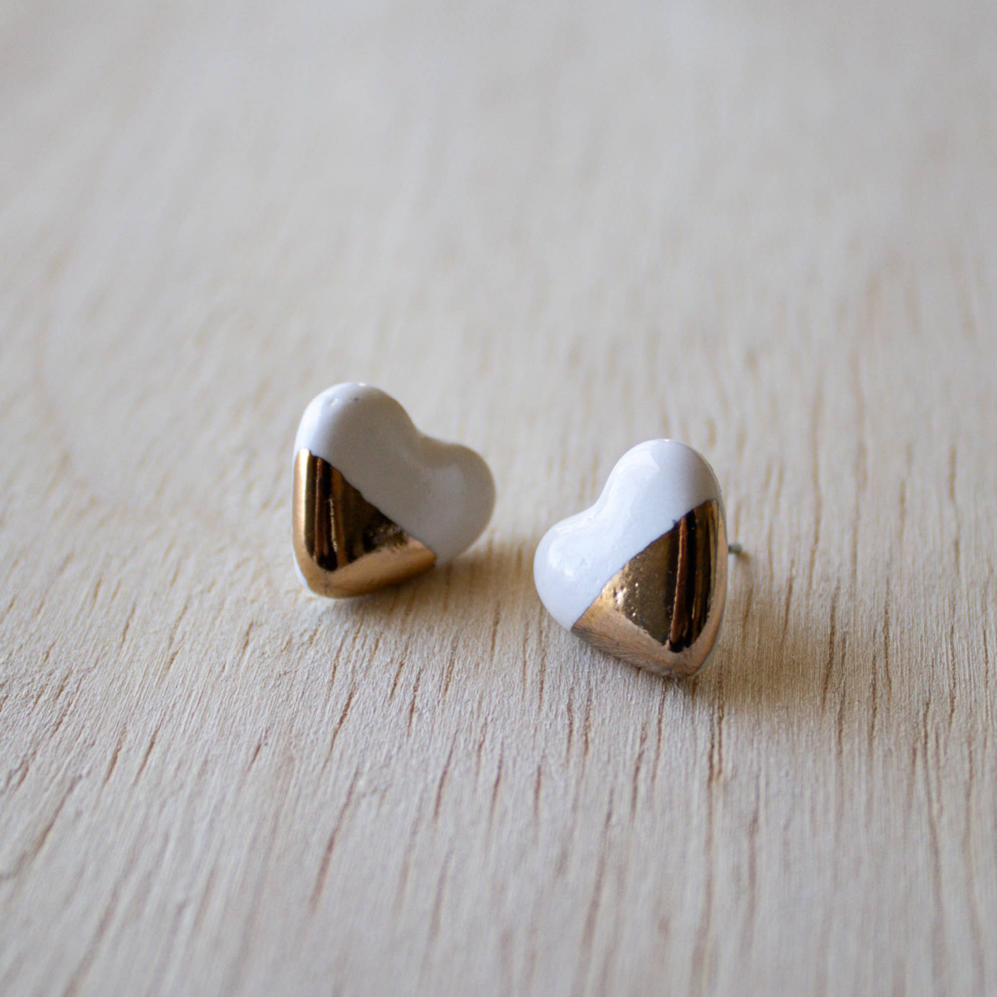 White and Gold Stud Earrings, Small Heart