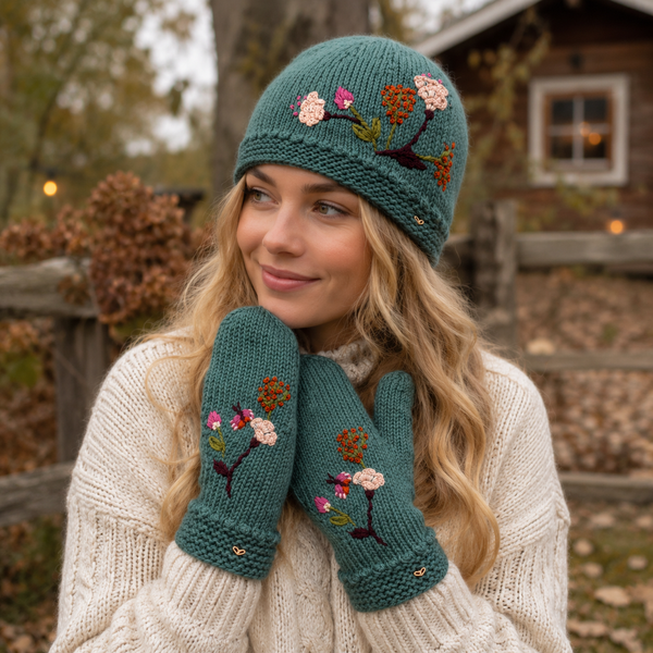 Floral Embroidered Knit Mittens - Blue Sage