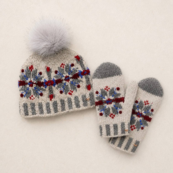 Fair Isle Snowflake Embroidered Knit Mittens - Gray
