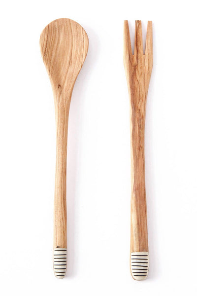 Slender Wild Olive Wood Salad Servers with Etched Bone Handl