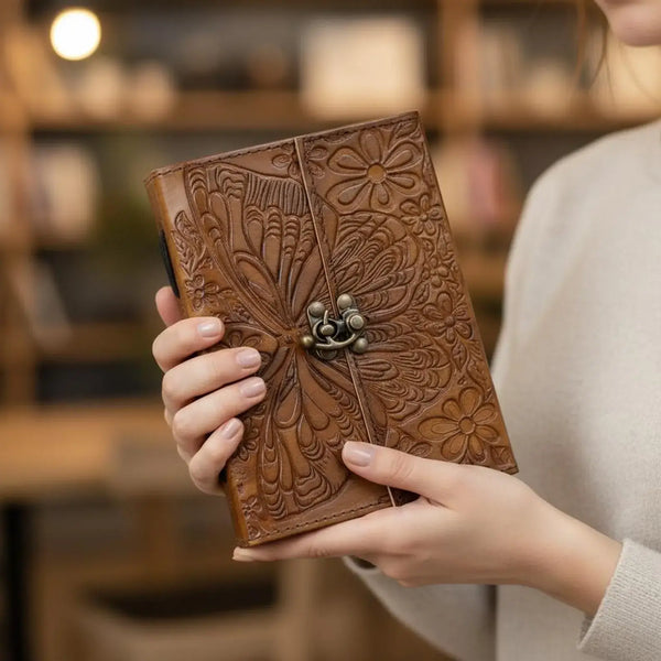 Handmade Leather Journal with Lock | Butterfly Embossed
