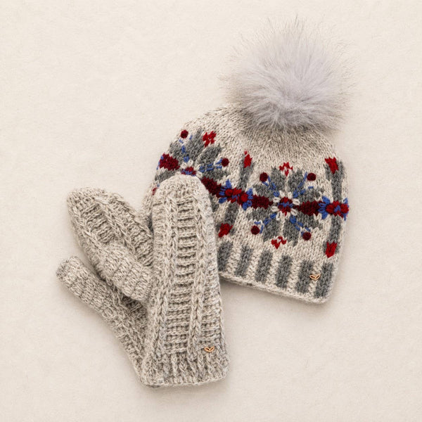 Fair Isle Snowflake Embroidered Knit Pom Beanie - Gray