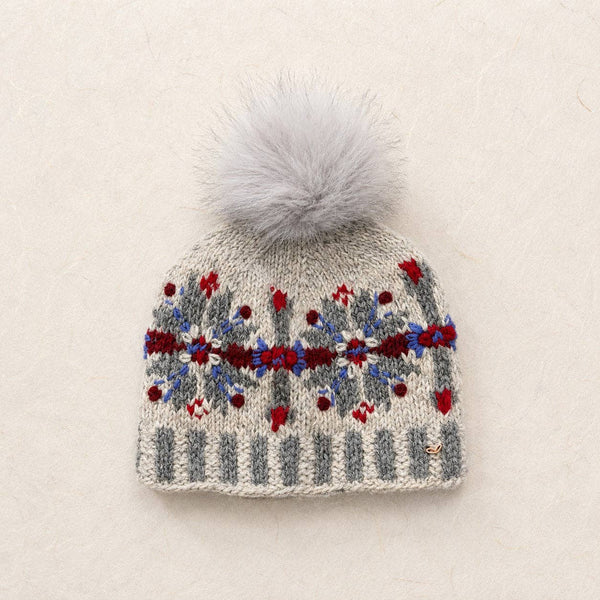 Fair Isle Snowflake Embroidered Knit Pom Beanie - Gray