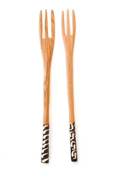 Kenyan Olive Wood Salad Forks with Etched Bone Handles