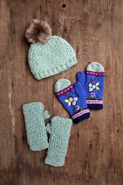 Color Block Blue Knit Mittens