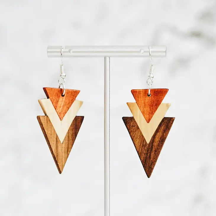 Tri-Tone Arrowhead Wood Earrings