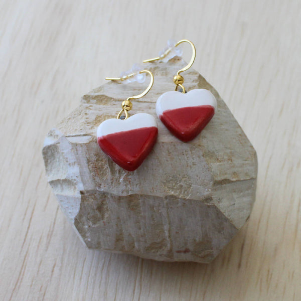 White and Red Dangle Hook Earrings, Small Heart