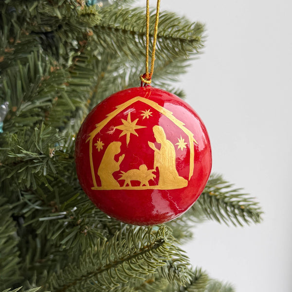 Red and Gold Nativity Paper Mache Ball Ornament