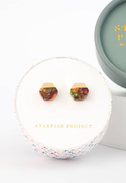 Sedona Stud Earrings in Sunrise Reds- Gold Plated Hexagon Colorful Stud Earrings