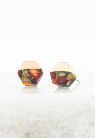 Sedona Stud Earrings in Sunrise Reds- Gold Plated Hexagon Colorful Stud Earrings