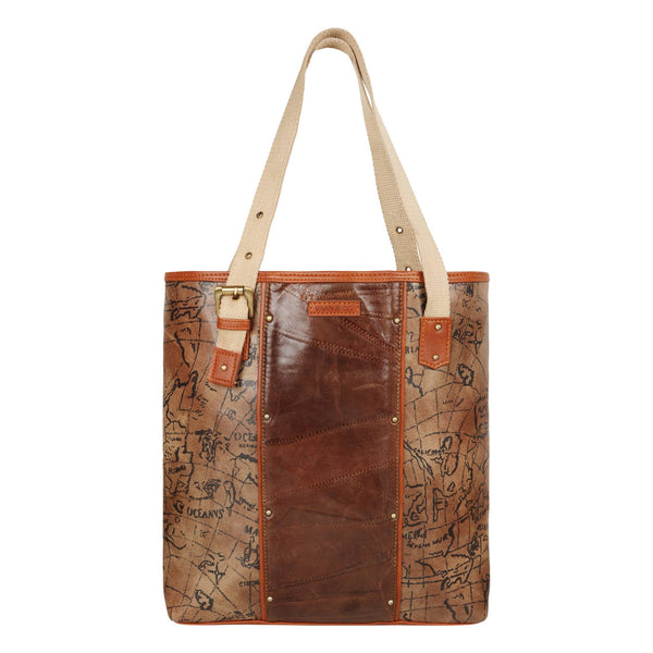 Mia Square Leather Tote Bag - Map Print