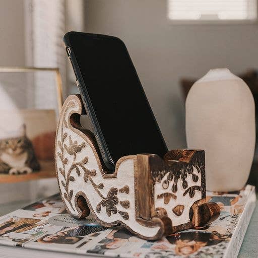 Aashiyana Cat Phone Stand - Carved Mango Wood Antique Finish