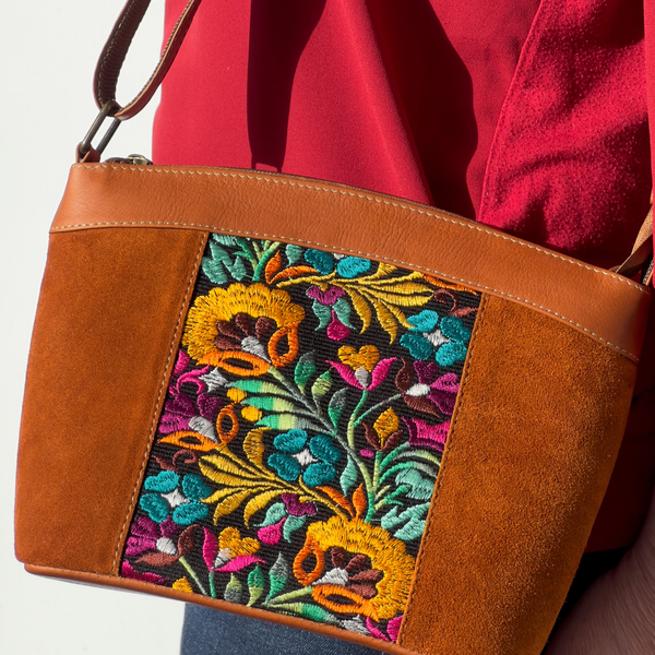 Suede & Leather Floral Shoulder Bag| Colorful Real Suede Bag